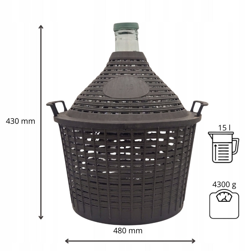 Balon Demijohn 15 L na wino cydr alkohol z plastikowym koszem i nakrętką