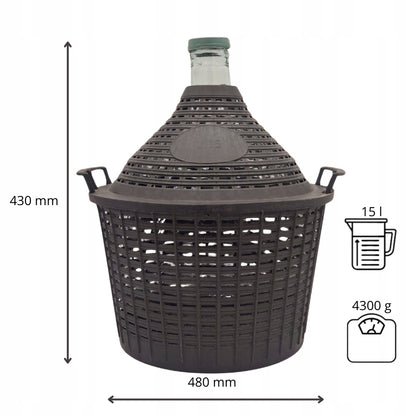 Balon Demijohn 15 L na wino cydr alkohol z plastikowym koszem i nakrętką
