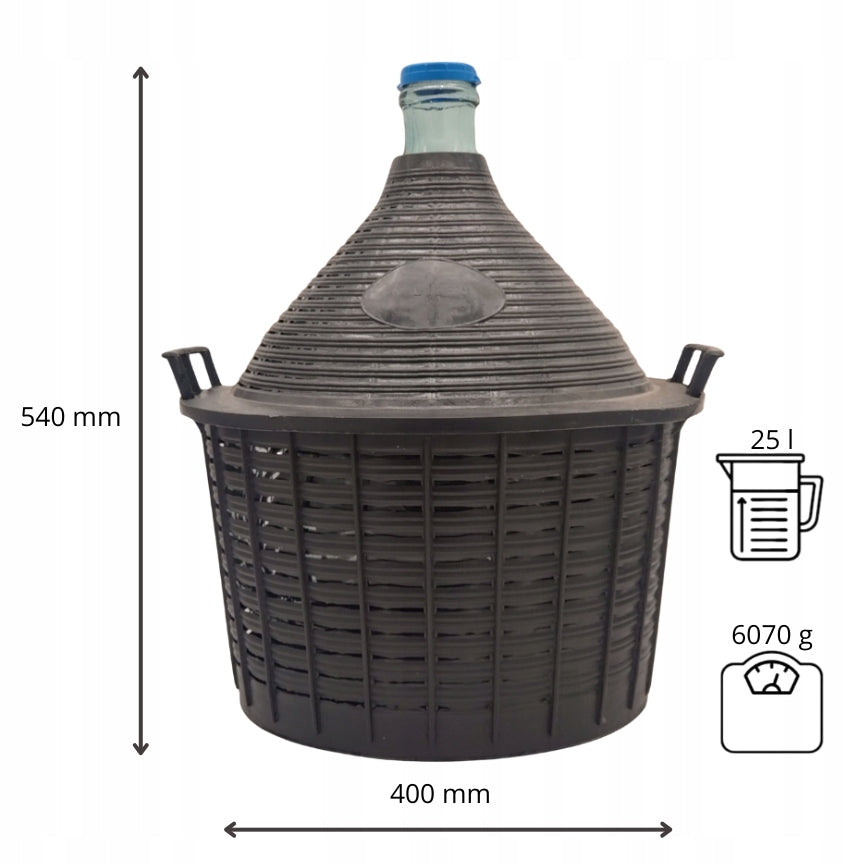 Balon Demijohn 25 L na wino cydr alkohol z plastikowym koszem i nakrętką