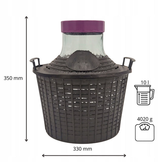 Balon Demijohn 10 L na wino cydr alkohol z plastikowym koszem i nakrętką